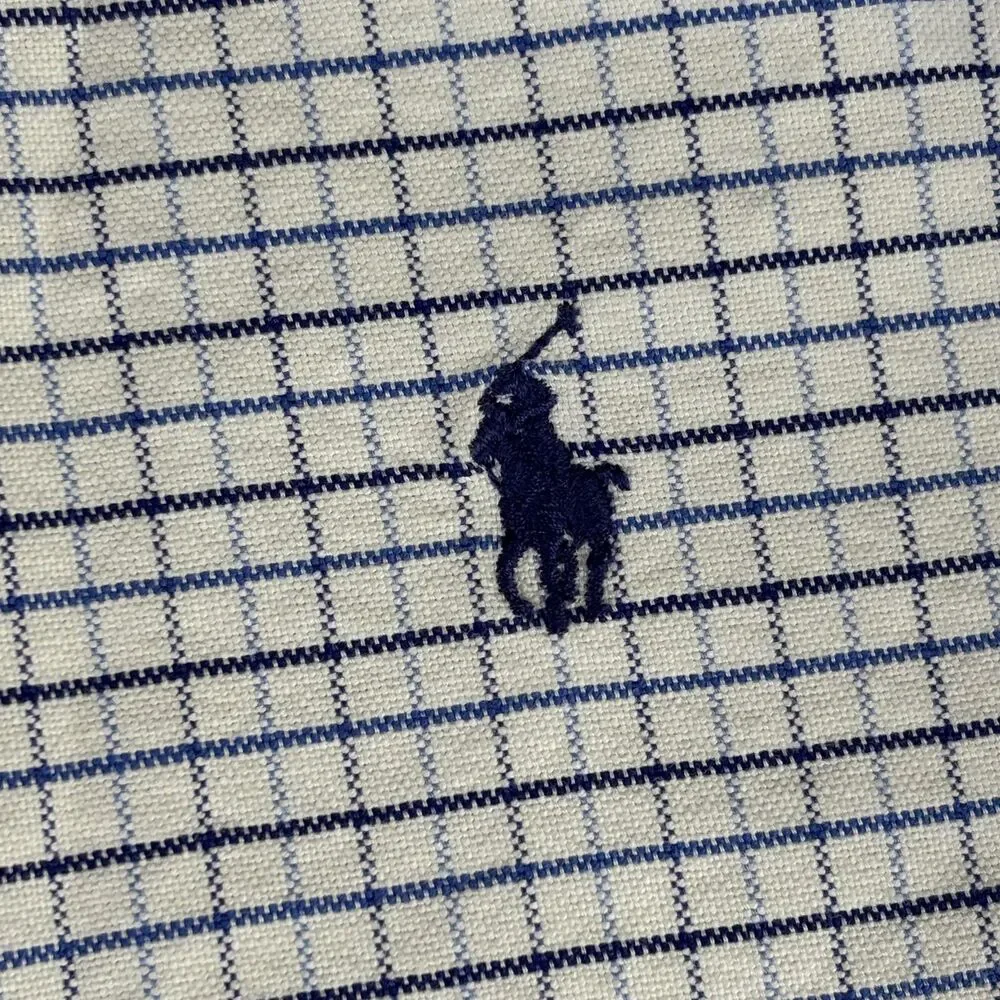 Ralph Lauren Dress Shirt boys 18 White‎ Blue Check Custom Fit Slim Button Down